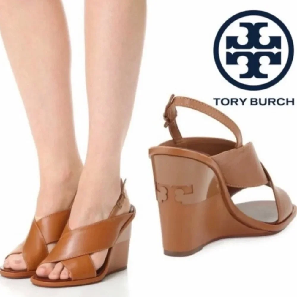 New Tory Burch Gabrielle 100 MM Royal Tan Wedge Sandal Size 7.5